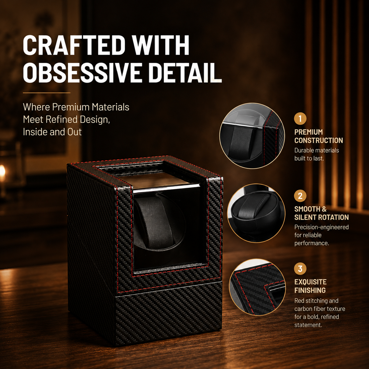 Automatic Watch Winder & Storage Box Carbon Fibre Style
