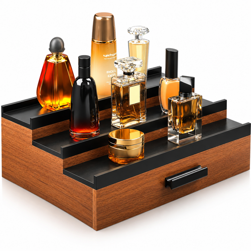 3 & 5 Tier Perfume Display Stand with Drawer | Black Cologne Organizer