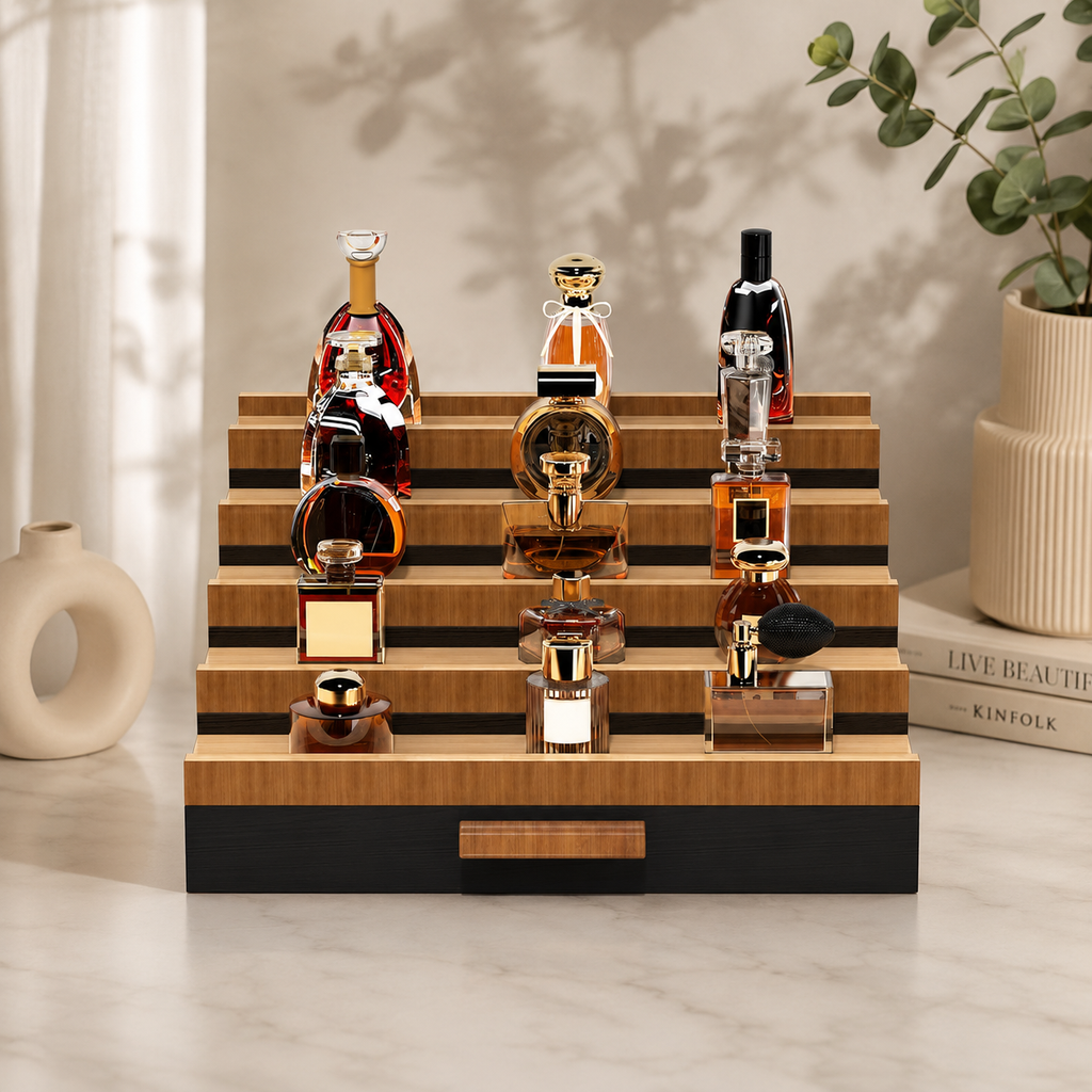 3 & 5 Tier Perfume Display Stand with Drawer | Black Cologne Organizer