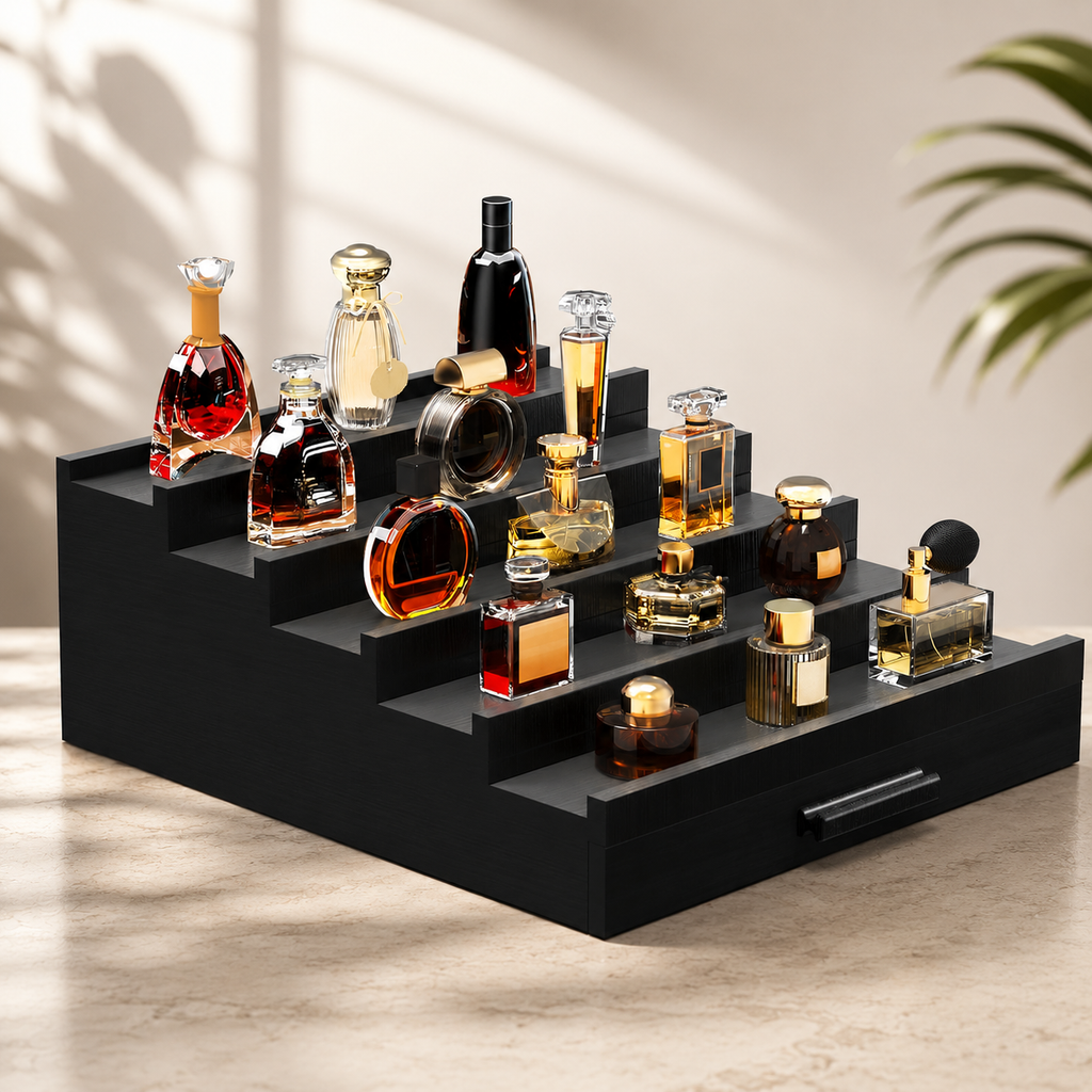 3 & 5 Tier Perfume Display Stand with Drawer | Black Cologne Organizer