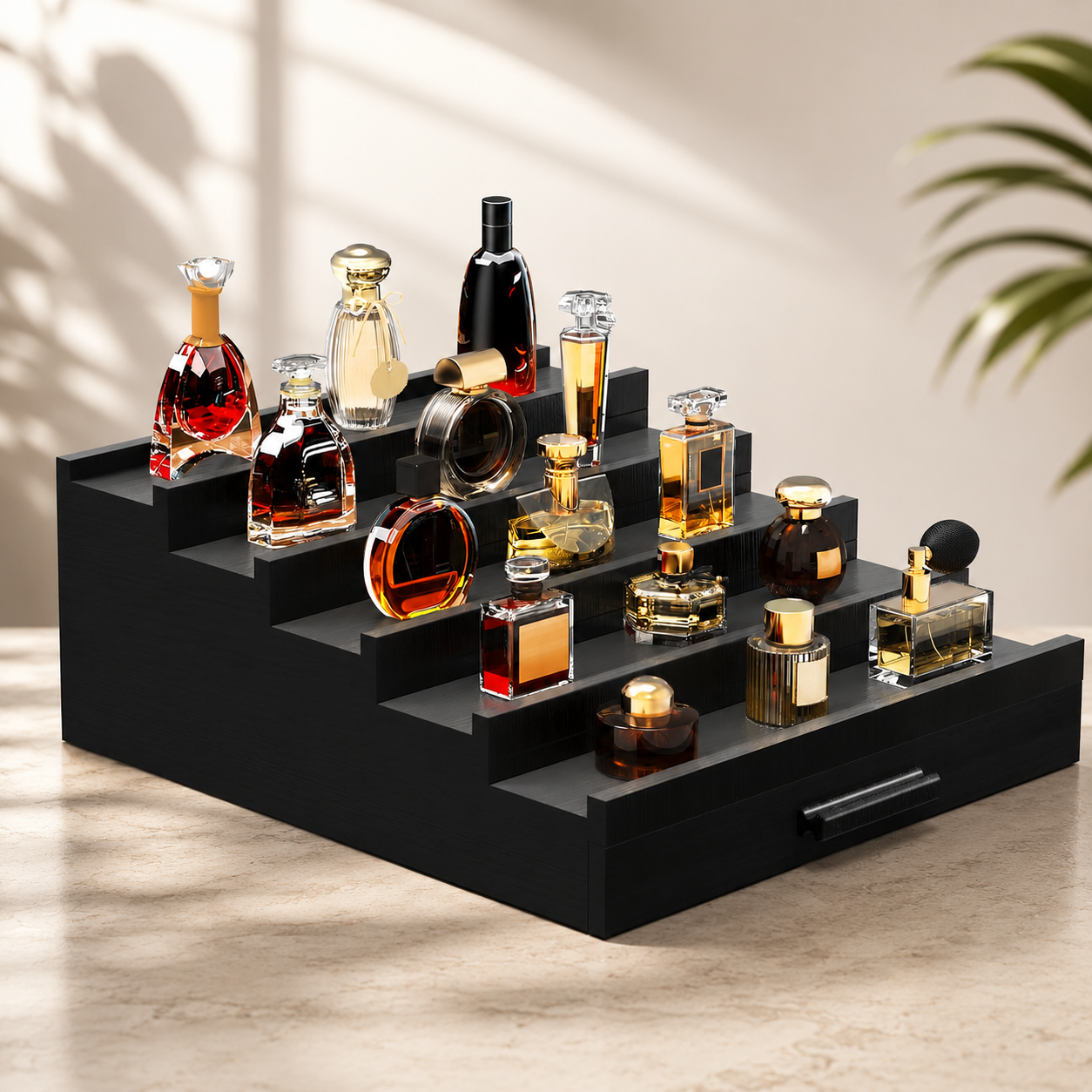 3 & 5 Tier Perfume Display Stand with Drawer | Black Cologne Organizer
