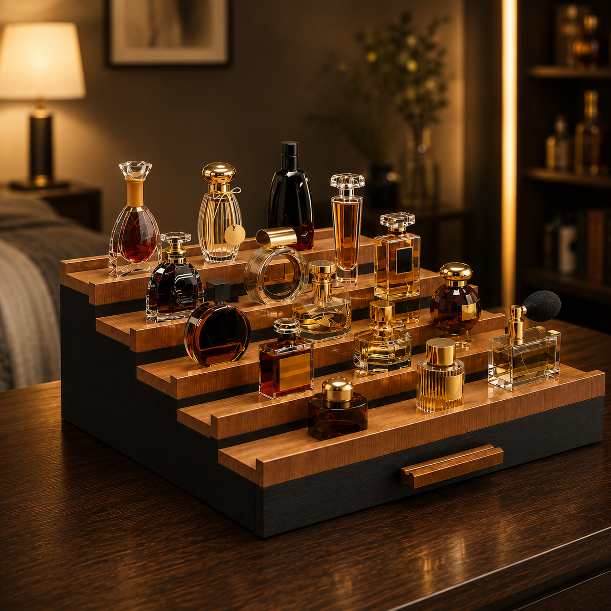 3 & 5 Tier Perfume Display Stand with Drawer | Black Cologne Organizer