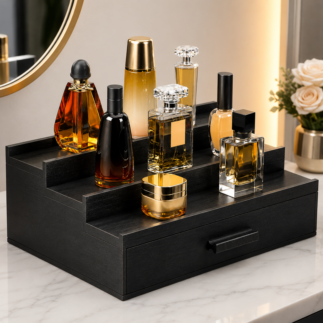 3 & 5 Tier Perfume Display Stand with Drawer | Black Cologne Organizer