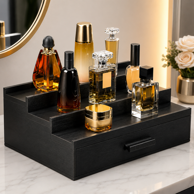 3 & 5 Tier Perfume Display Stand with Drawer | Black Cologne Organizer
