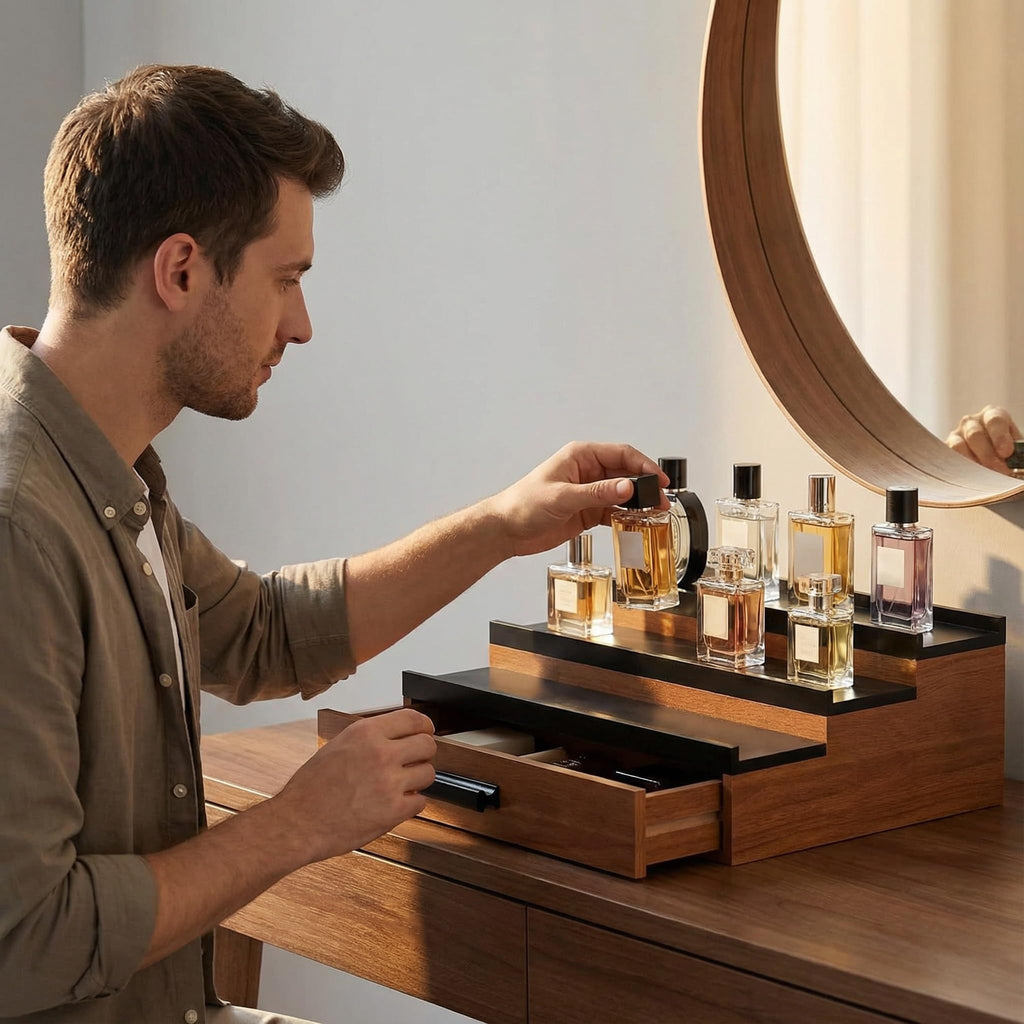 3 & 5 Tier Perfume Display Stand with Drawer | Black Cologne Organizer