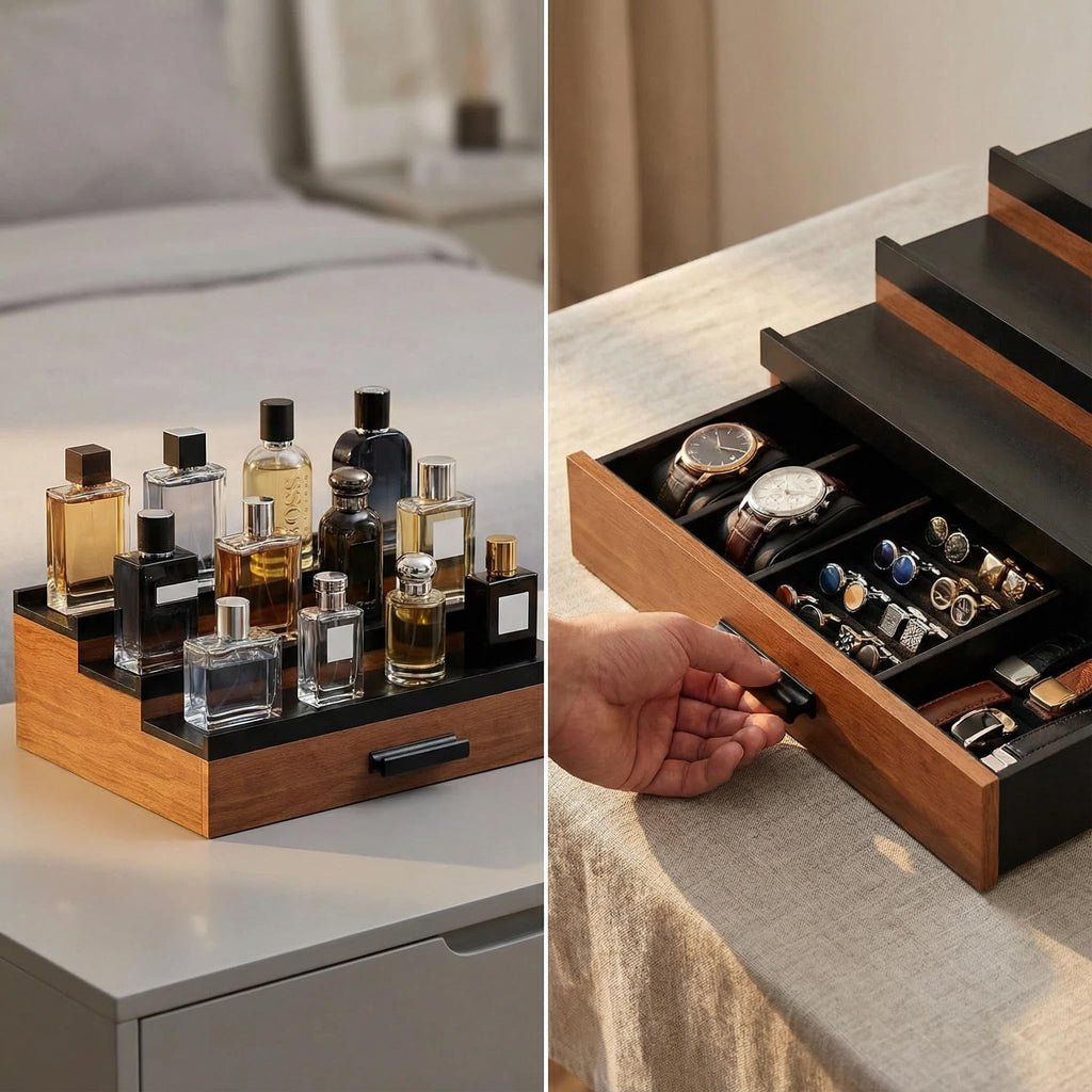 3 & 5 Tier Perfume Display Stand with Drawer | Black Cologne Organizer