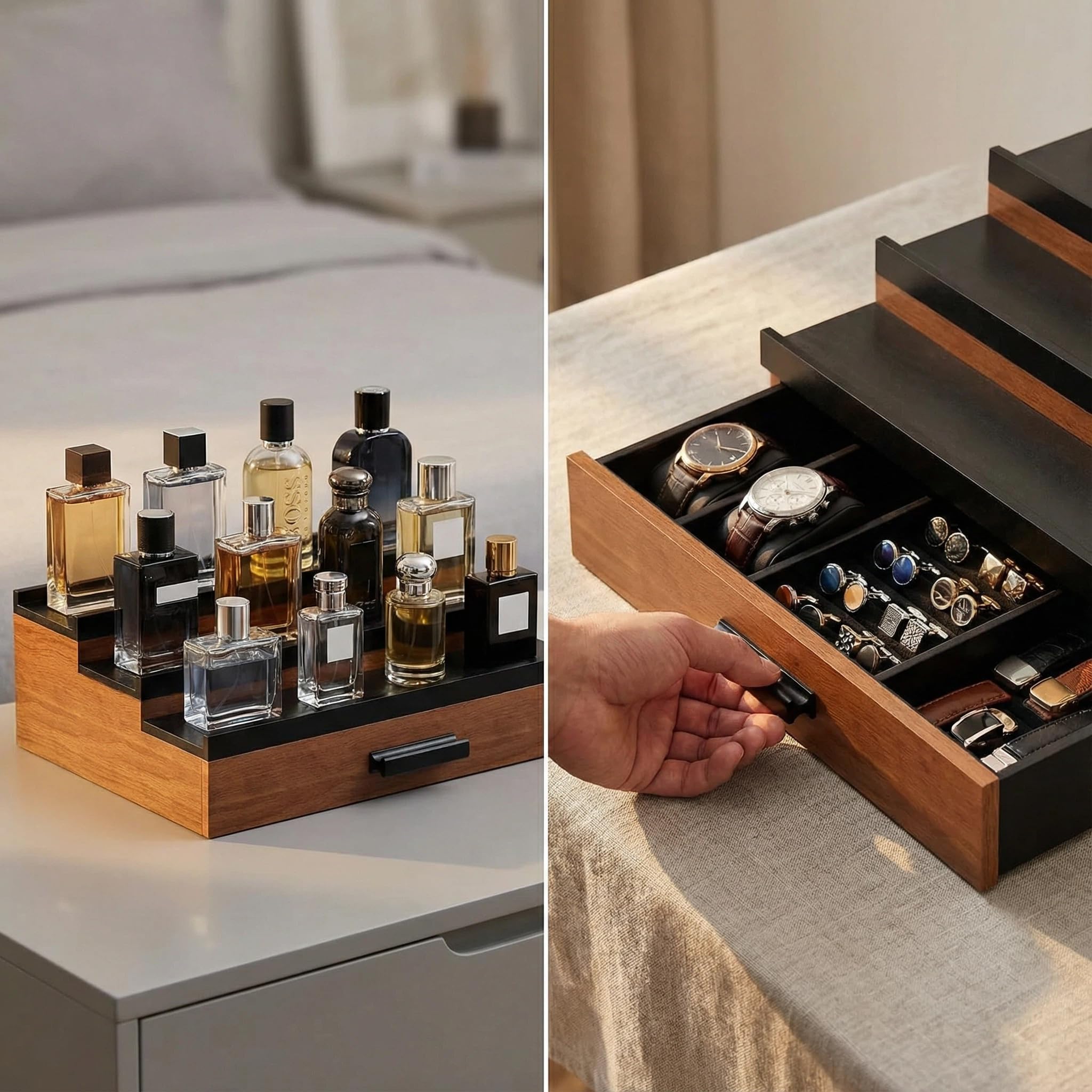 3 & 5 Tier Perfume Display Stand with Drawer | Black Cologne Organizer